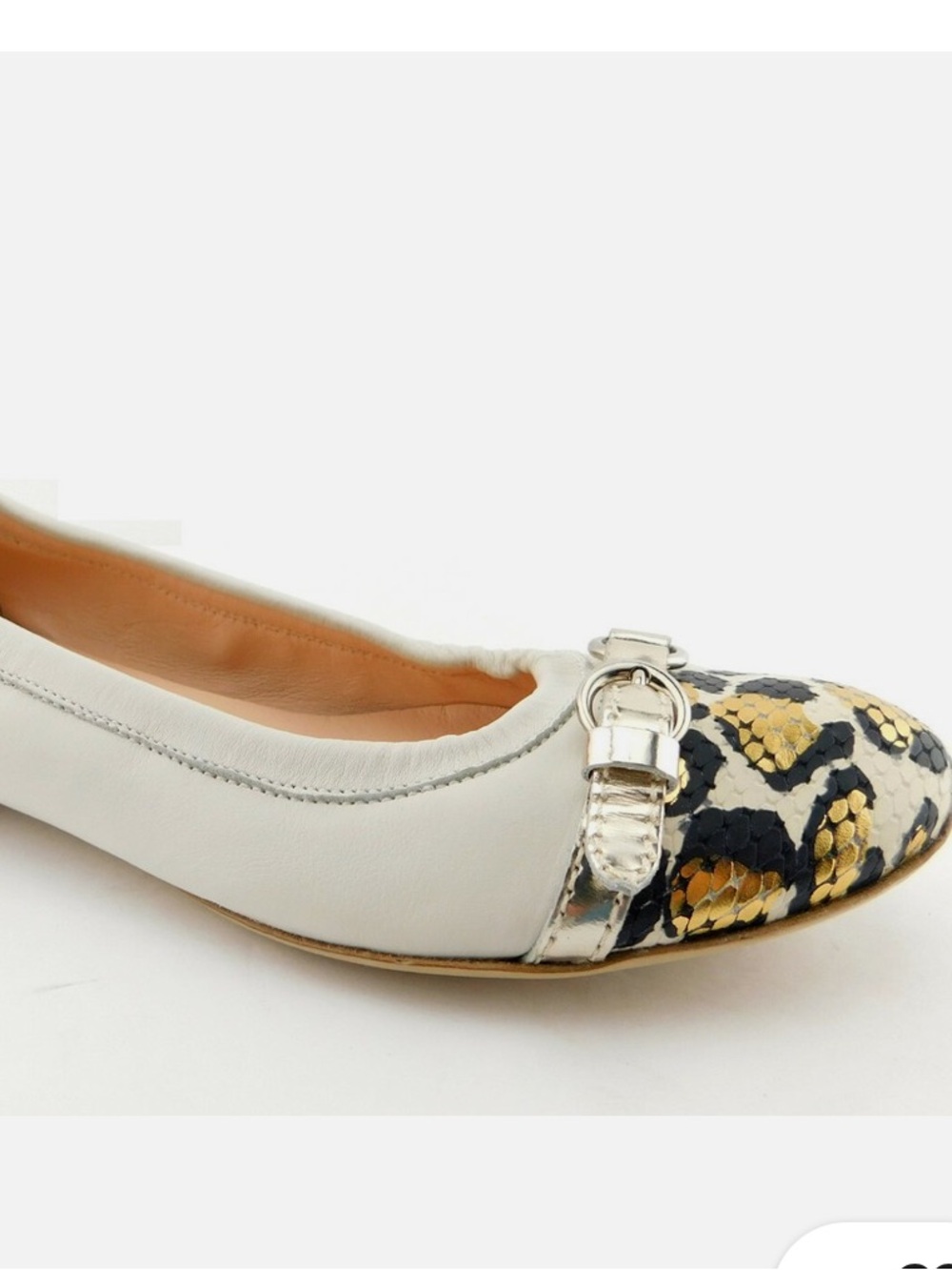 Agl Attilio Giusti Leombruni White Leather Flat with Gold & Black Snakeskin Toe